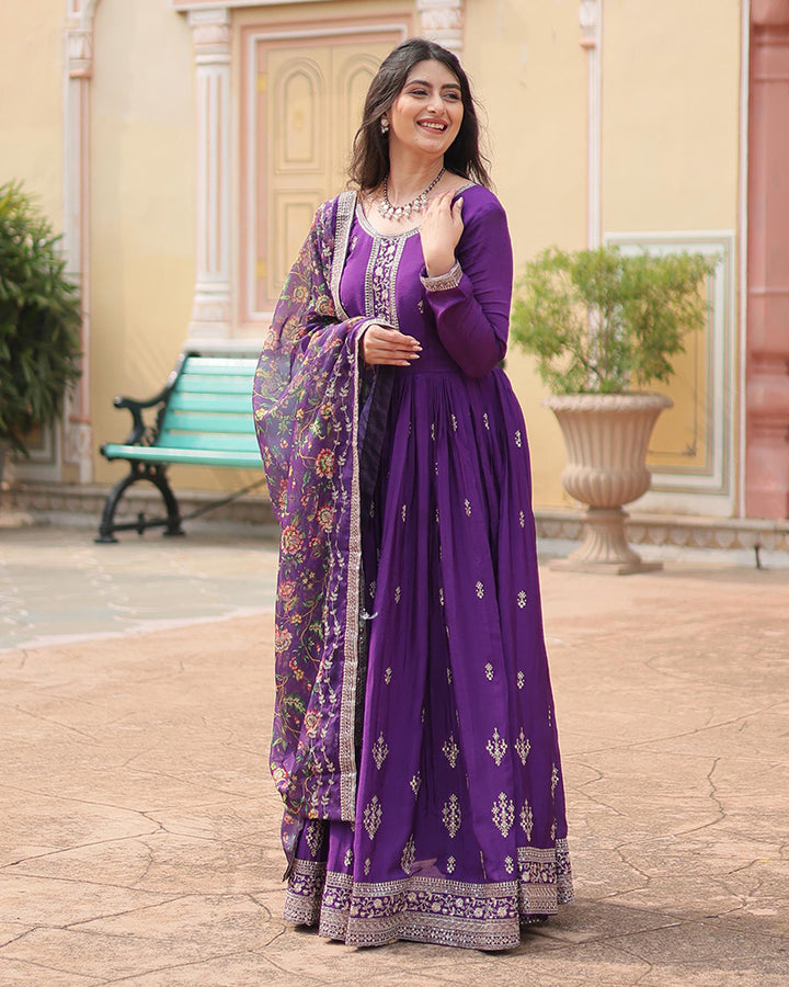 Purple Color Chinnon Sequence Embroidered Gown