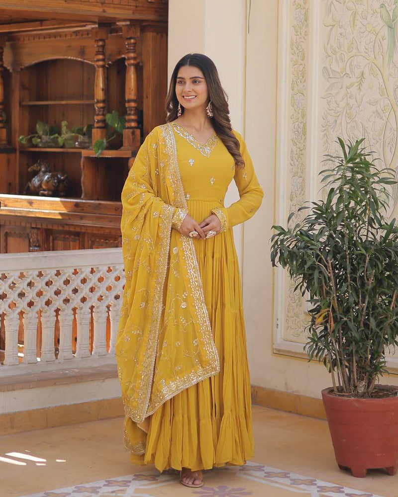 Yellow Color Faux Georgette Designer Anarkali Gown With Dupatta