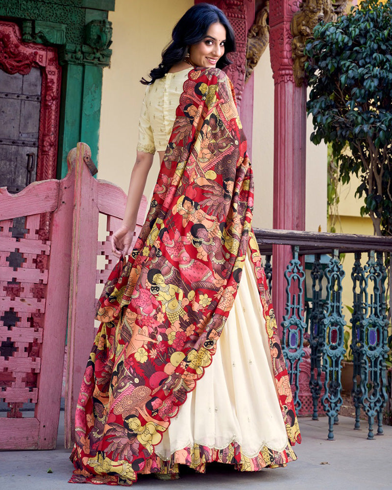 Off-White Color Vichitra Silk Embroidered Half Saree