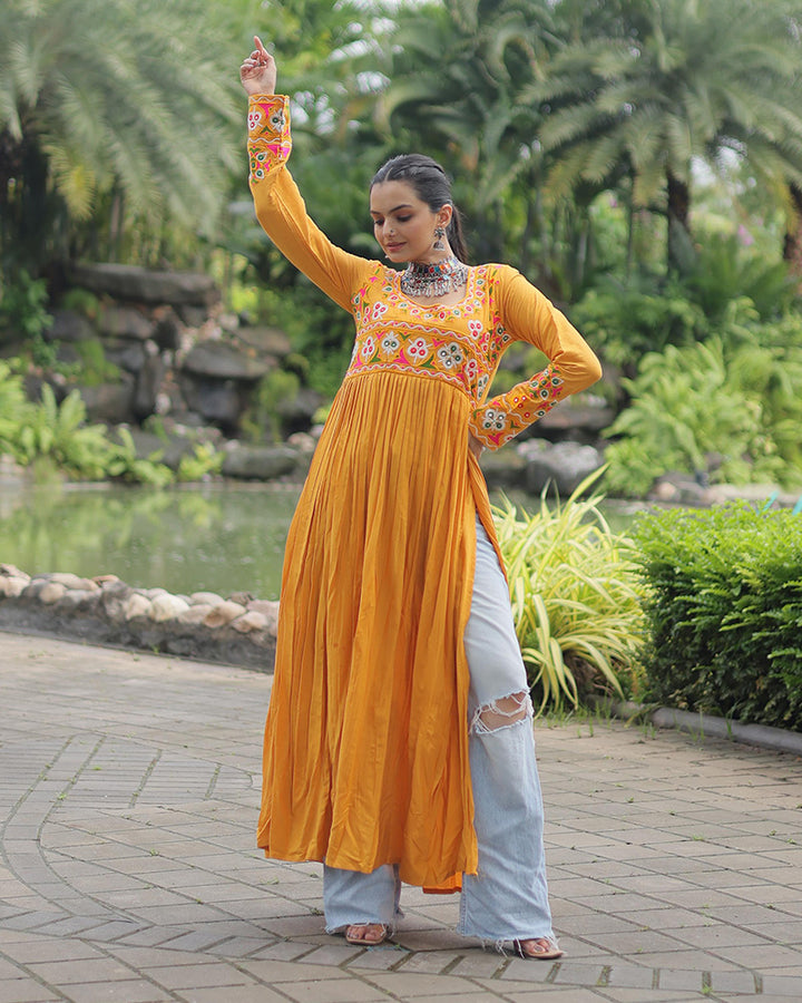 Mustard Color Rayon Gamthi Work Navratri Kurti