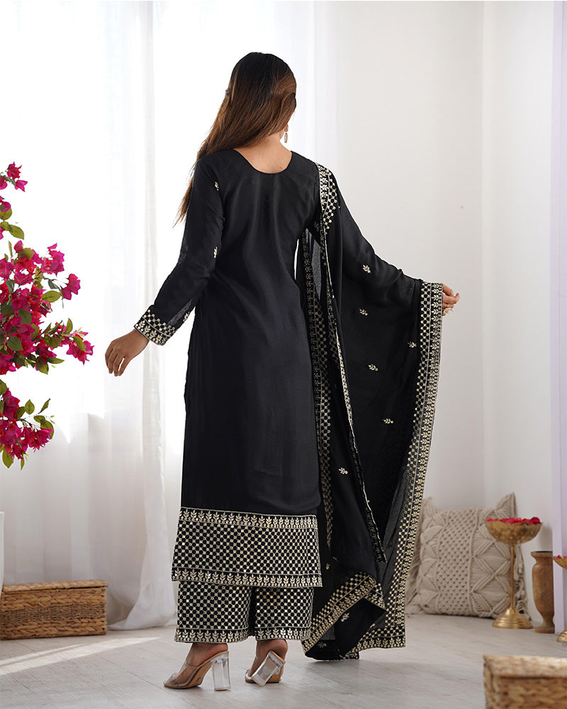 Black Color Chinon Silk Three Piece Kurti Suit