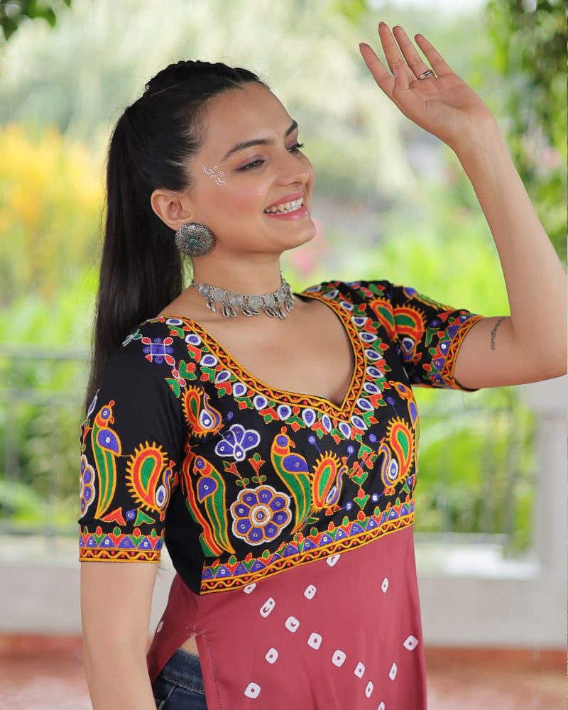 Traditional Maroon Black Color Bandhani Print Navratri Kurti