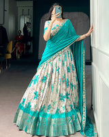 Teal Green Color Dola Chex Floral Printed Half Saree