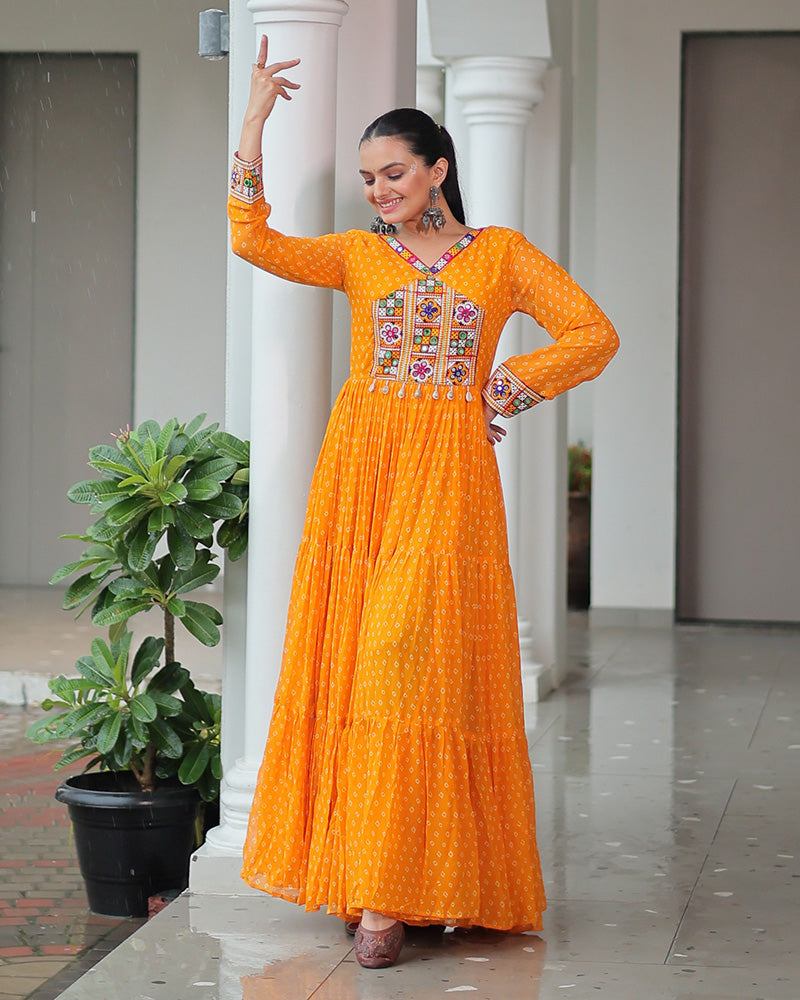 Yellow Color Georgette Bandhani Print Navratri Gown