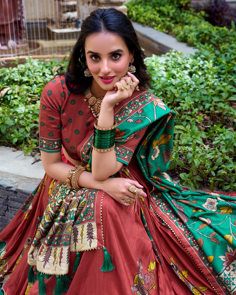 Orange Color Tussar Silk Kalamkari Printed Half Saree