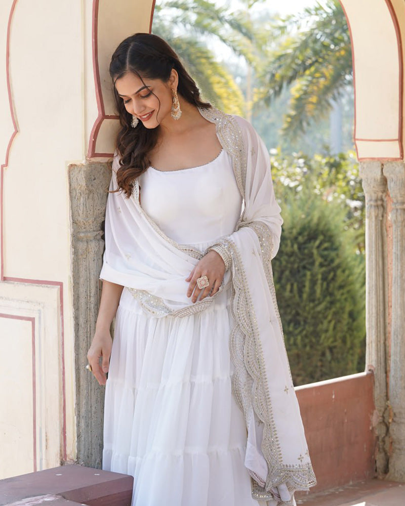 Designer White Color Frill Georgette Floor Touch Gown With Dupatta