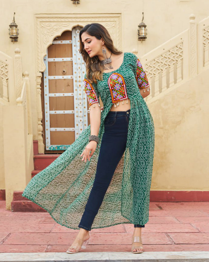 Green Color Georgette Bandhani Print Navratri Kurti