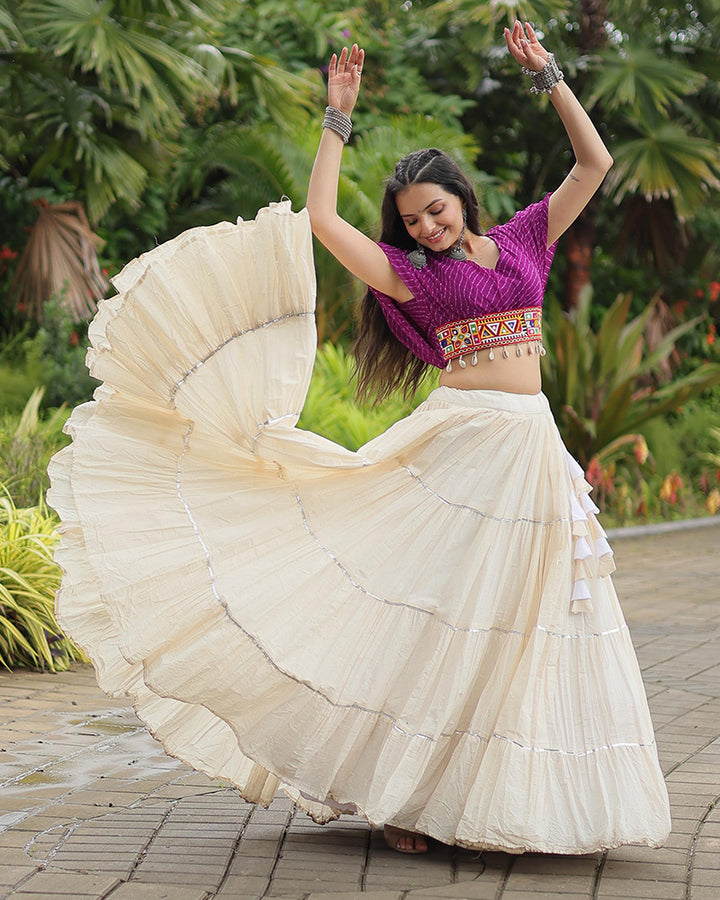 White Color Kora Cotton Lehenga With Purple Choli