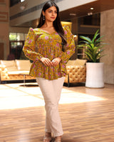 Mustard Color Pure Cotton Floral Printed Tunic