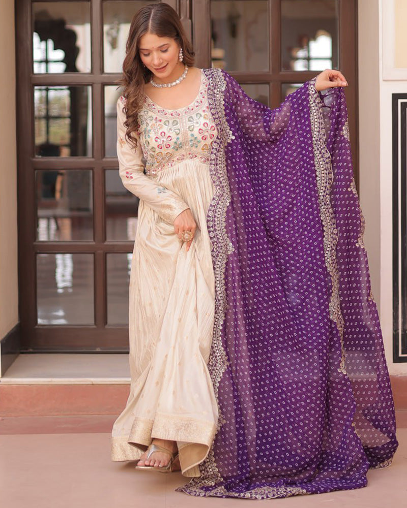 Off-White Color Jacquard Gown With Purple Dupatta
