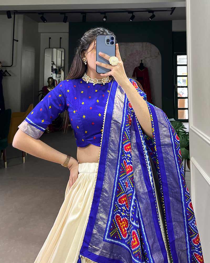 Royal Blue Color Tussar Silk Patola Printed Lehenga Choli