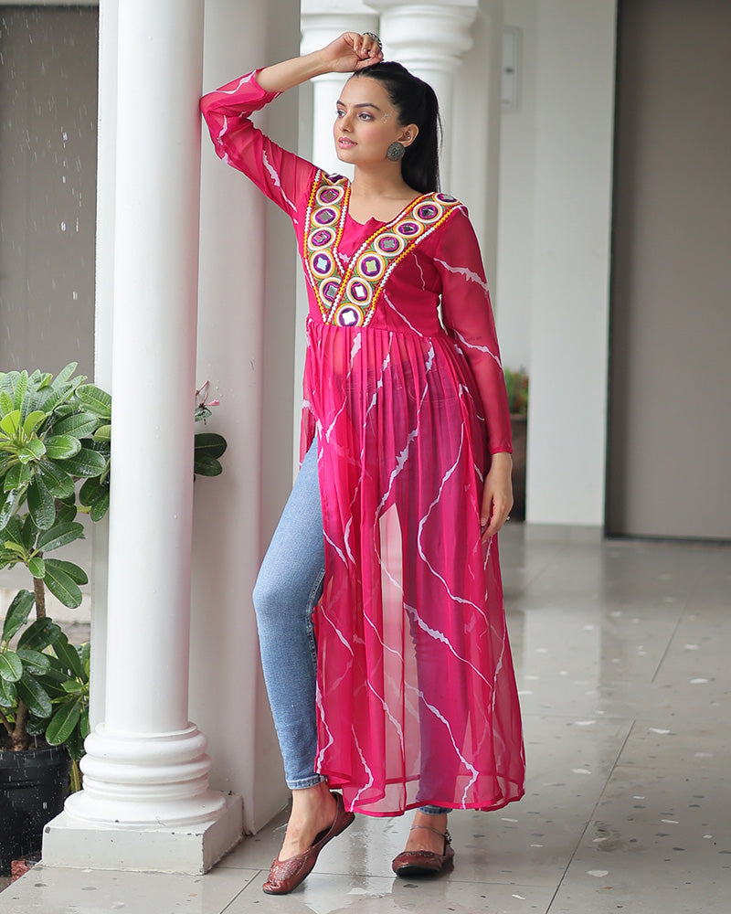 Pink Color Faux Georgette Kutchi Work Navratri Kurti