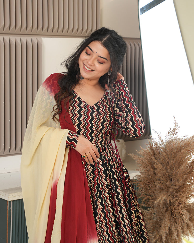 Black Color Laheriya Printed Pure Cotton Anarkali Suit