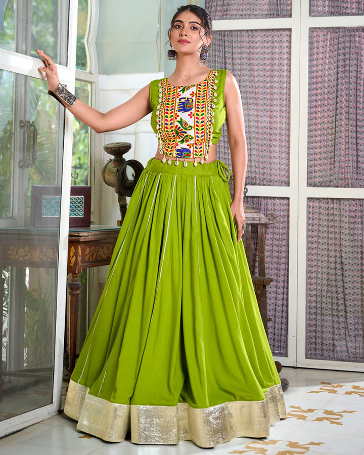 Parrot Color Rayon Navratri Cowrie Touch Up Lehenga Choli