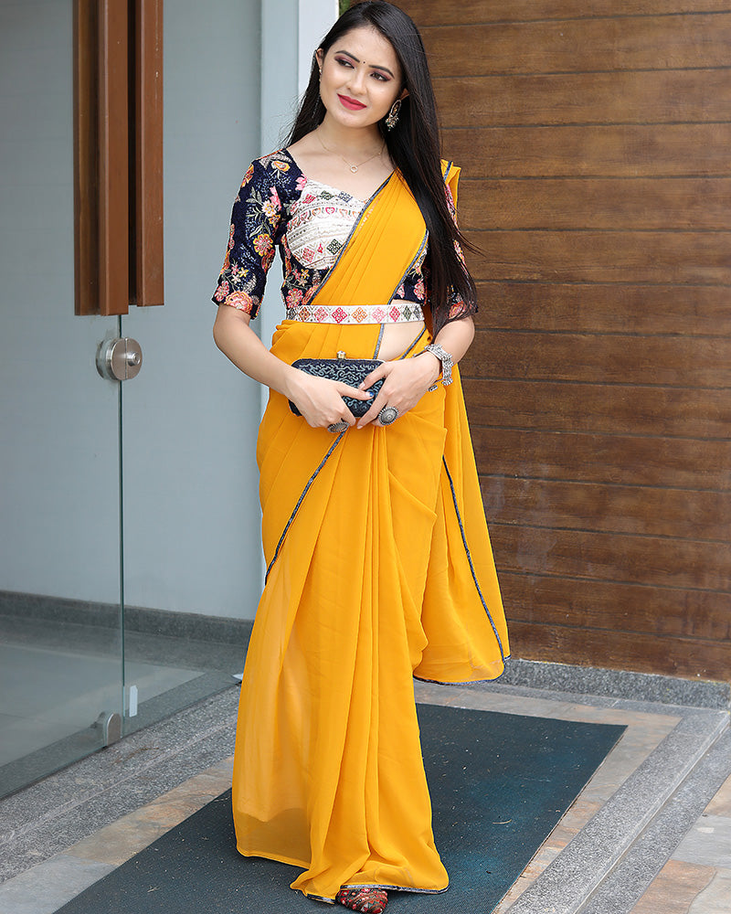 Yellow Color Georgette Plain Saree