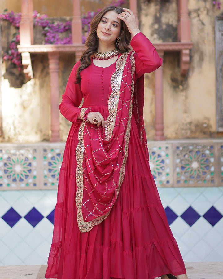 Rani Pink Color Star Georgette Gown With Embroidered Dupatta