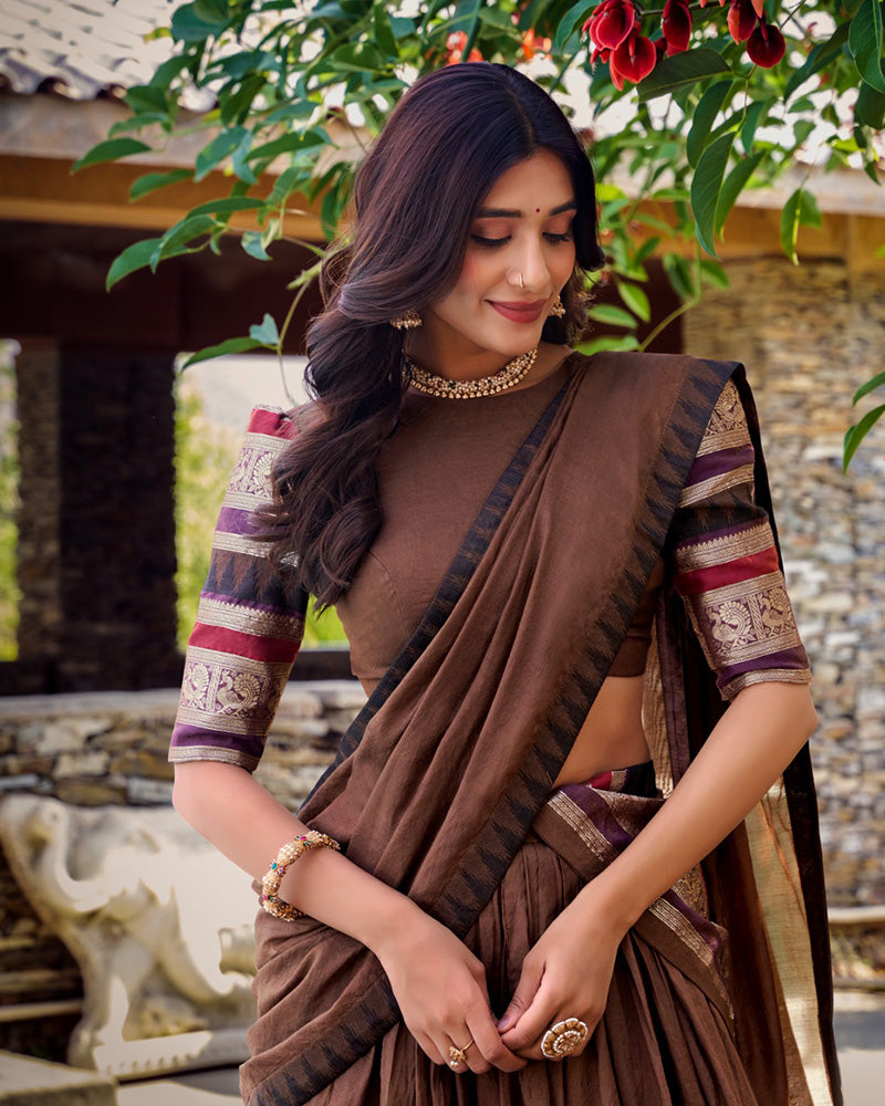 Brown Color Pure Chanderi Plain Half Saree