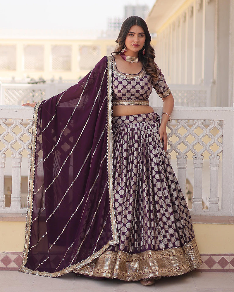 Wine Color Pure Viscose Jacquard Lehenga Choli