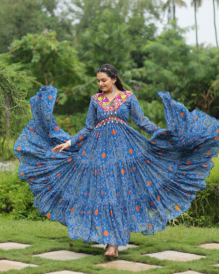 Blue Color Georgette Kutchi Work Navratri Gown