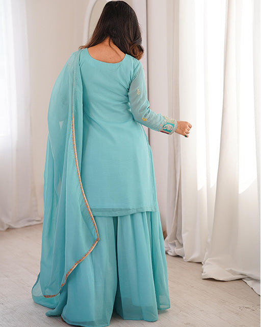 Sky Blue Color Pure Soft Crunchy Silk Sharara Suit