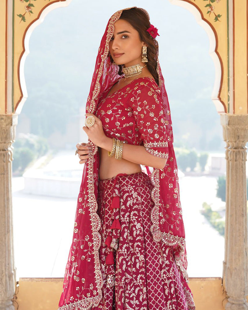 New Design Rani Pink Color Sequence Embroidered Jacquard Lehenga Choli