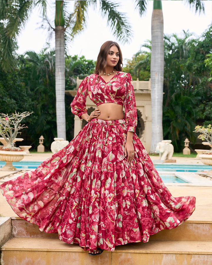 Maroon Color Georgette Printed Crop Top Lehenga Choli