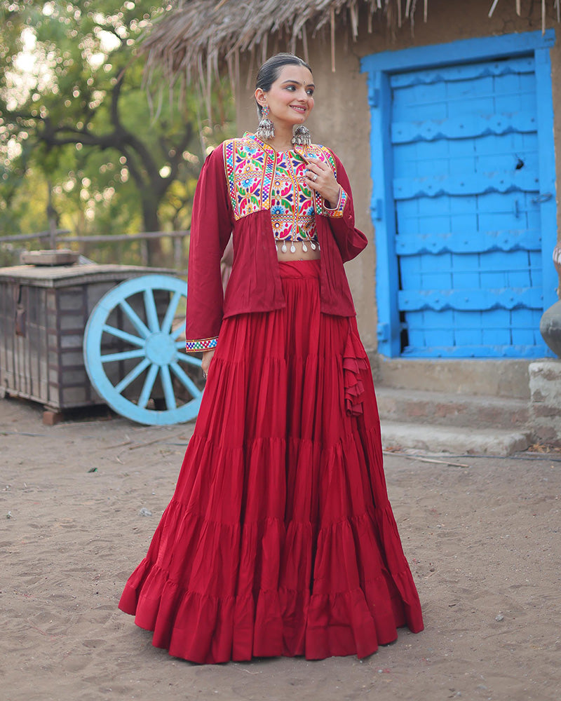 Maroon Color Rayon Embroidered Navratri Lehenga Choli