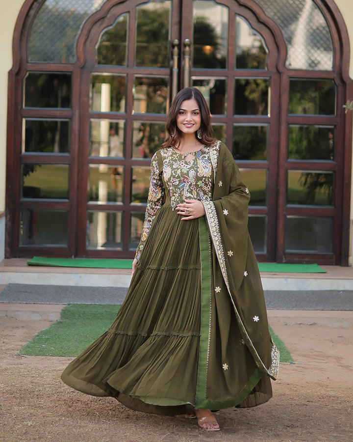 Mehndi Color Frill Georgette Gown With Dupatta