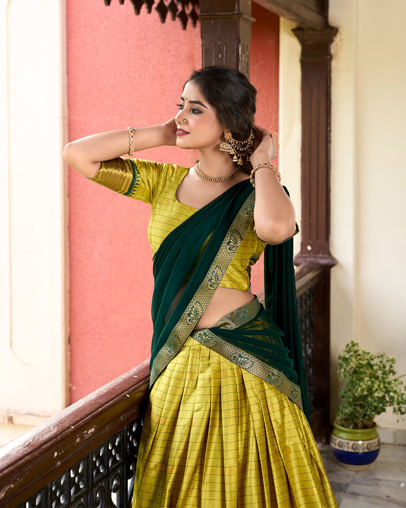 Parrot Green Color Cotton Silk Designer Half Saree