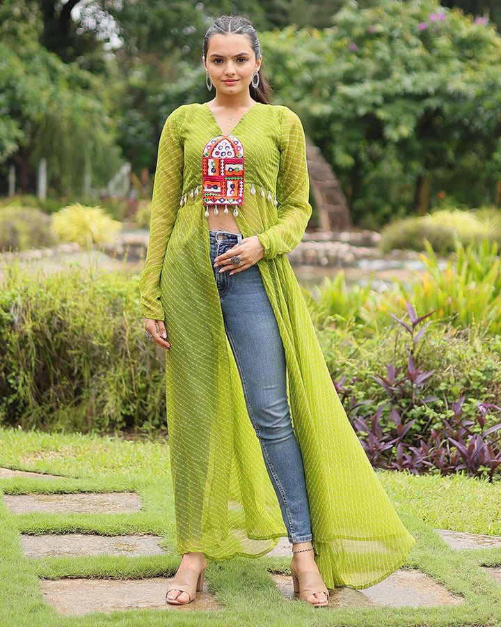 Parrot Green Color Georgette Laheriya Print Navratri Kurti