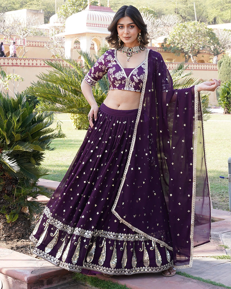 Wine Color Sequence Embroidered Faux Blooming Lehenga Choli