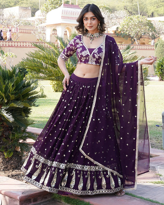 Wine Color Sequence Embroidered Faux Blooming Lehenga Choli