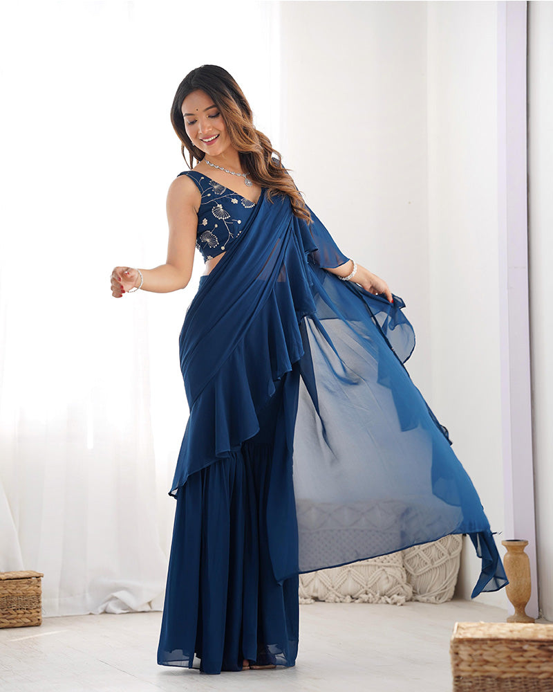 Teal Blue Color Faux Georgette Fancy Sharara Saree