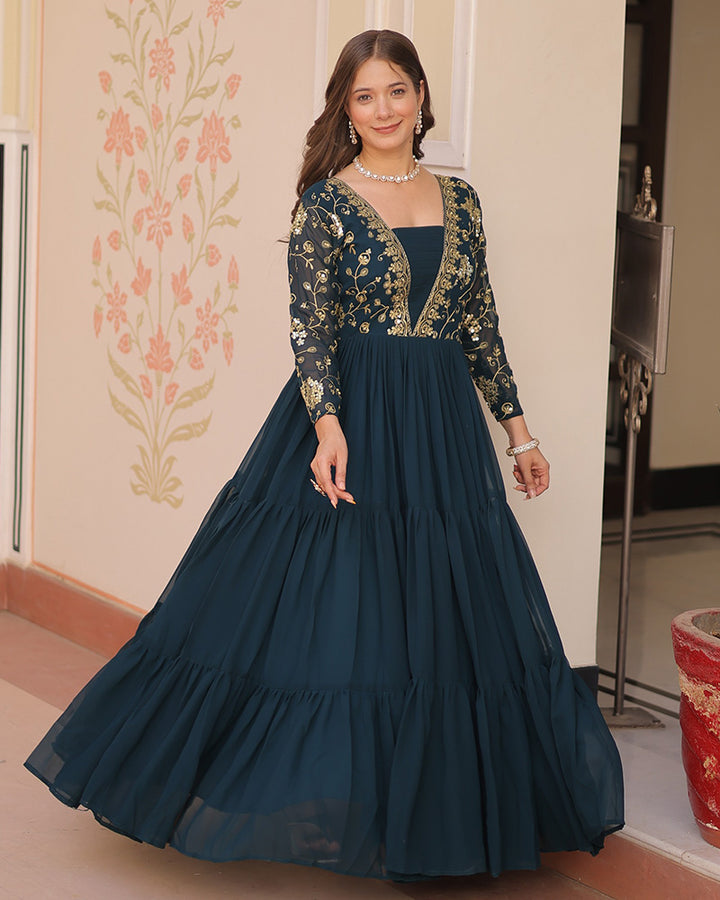 Elegant Rama Floor-Length Gown With Golden Threadwork