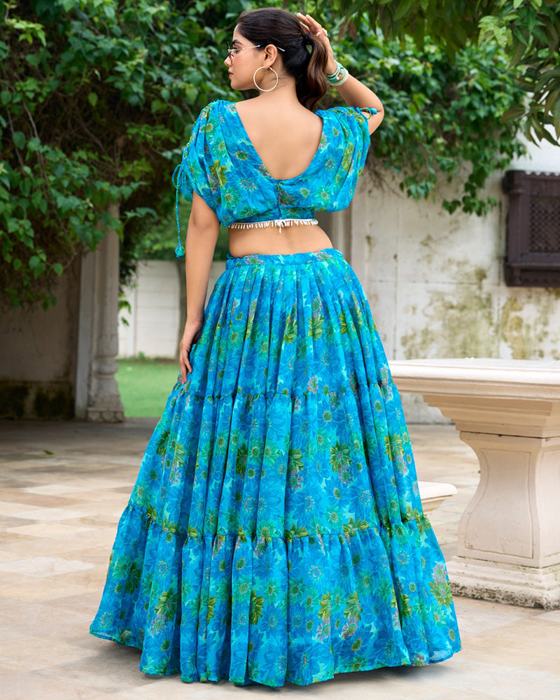 Sky Blue Color Chiffon Printed Crop Top Lehenga Choli