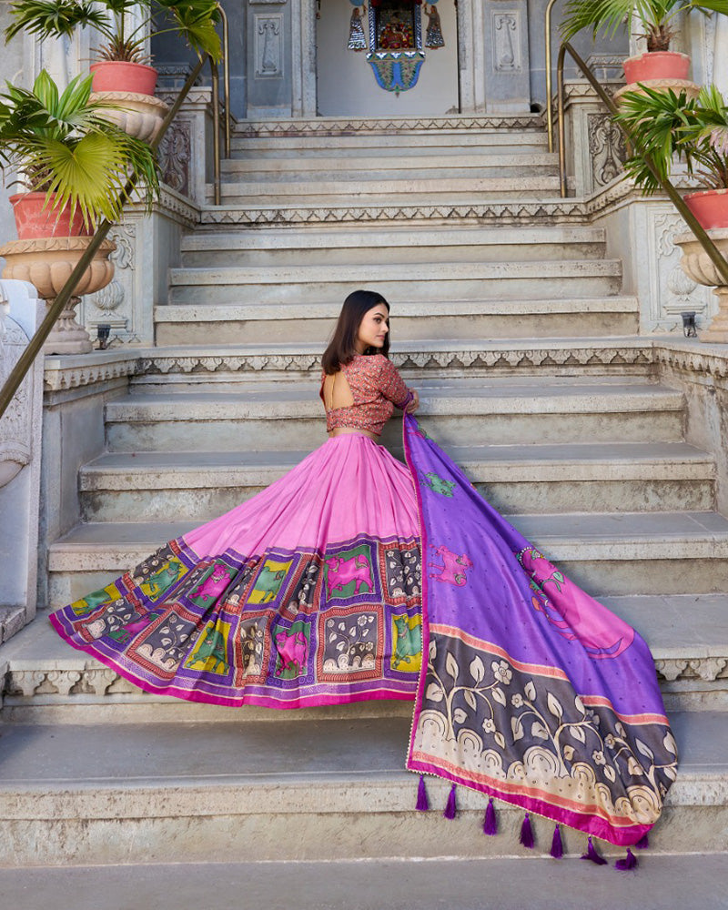 Peach Color Tussar Silk Kalamkari Printed Lehenga Choli