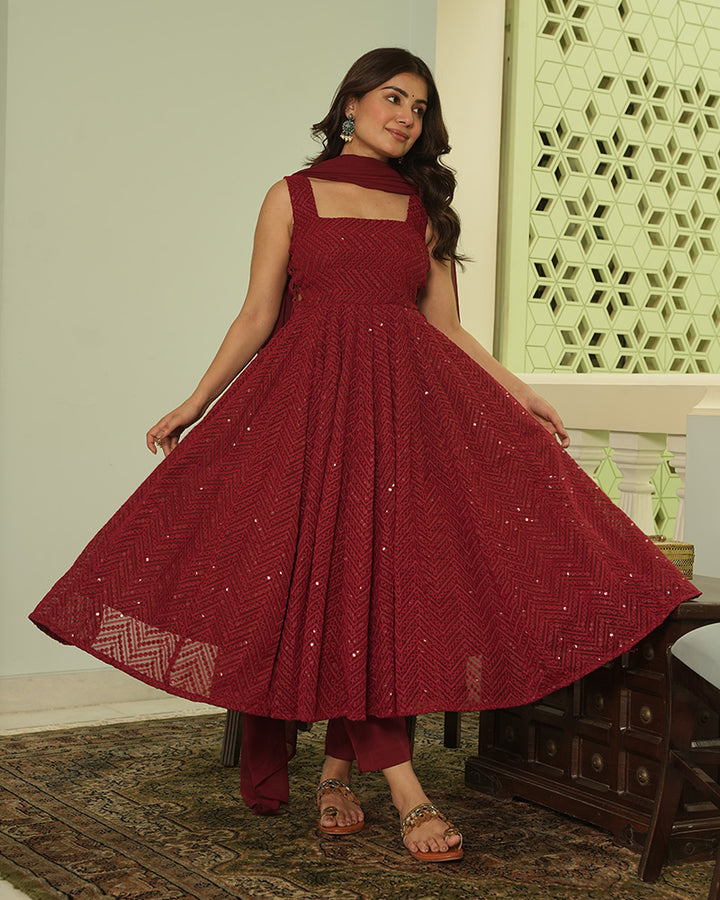 Maroon Color Georgette Lucknowi Three Piece Kurti Suit