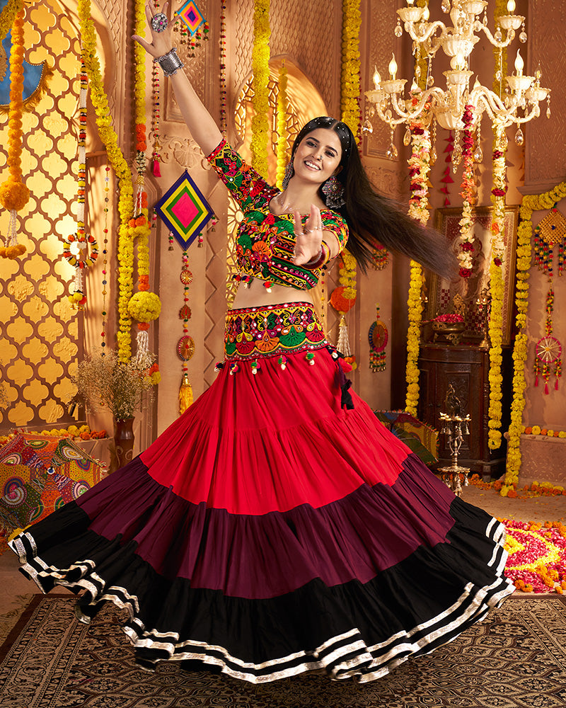 Traditional Red Multi Color Thread And Mirror Work Lehenga Choli