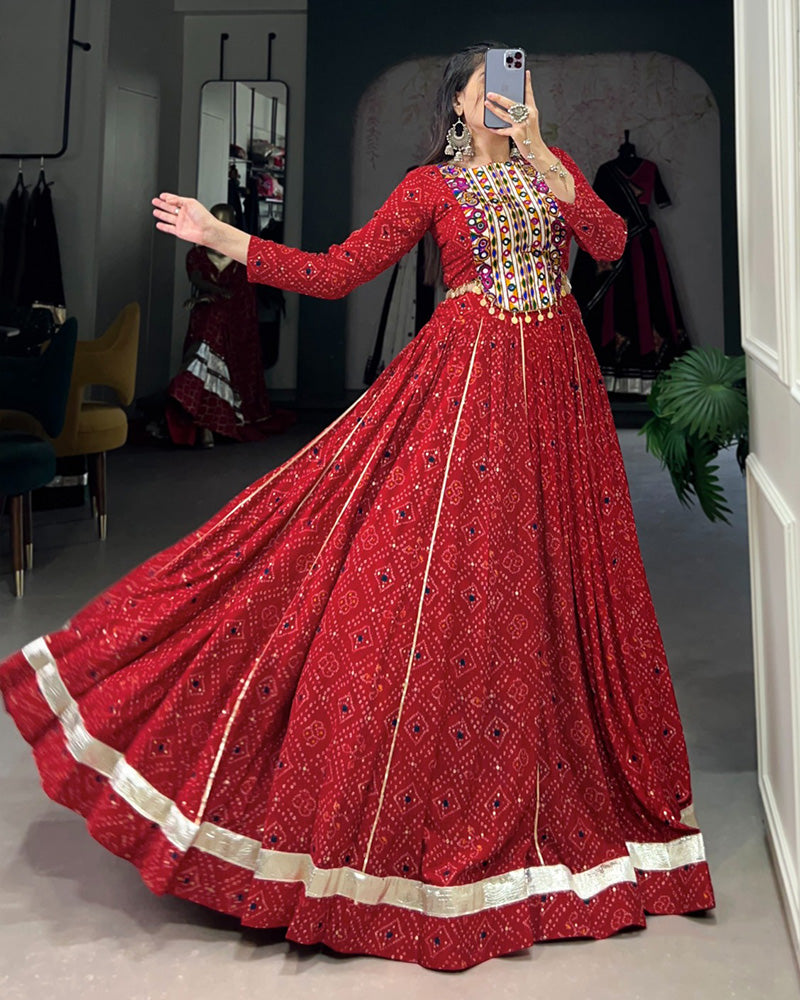 Red Color Rayon Bandhej Print Navratri Lehenga Choli