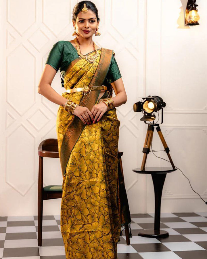 Yellow Color Banarasi Jacquard Soft Silk Saree