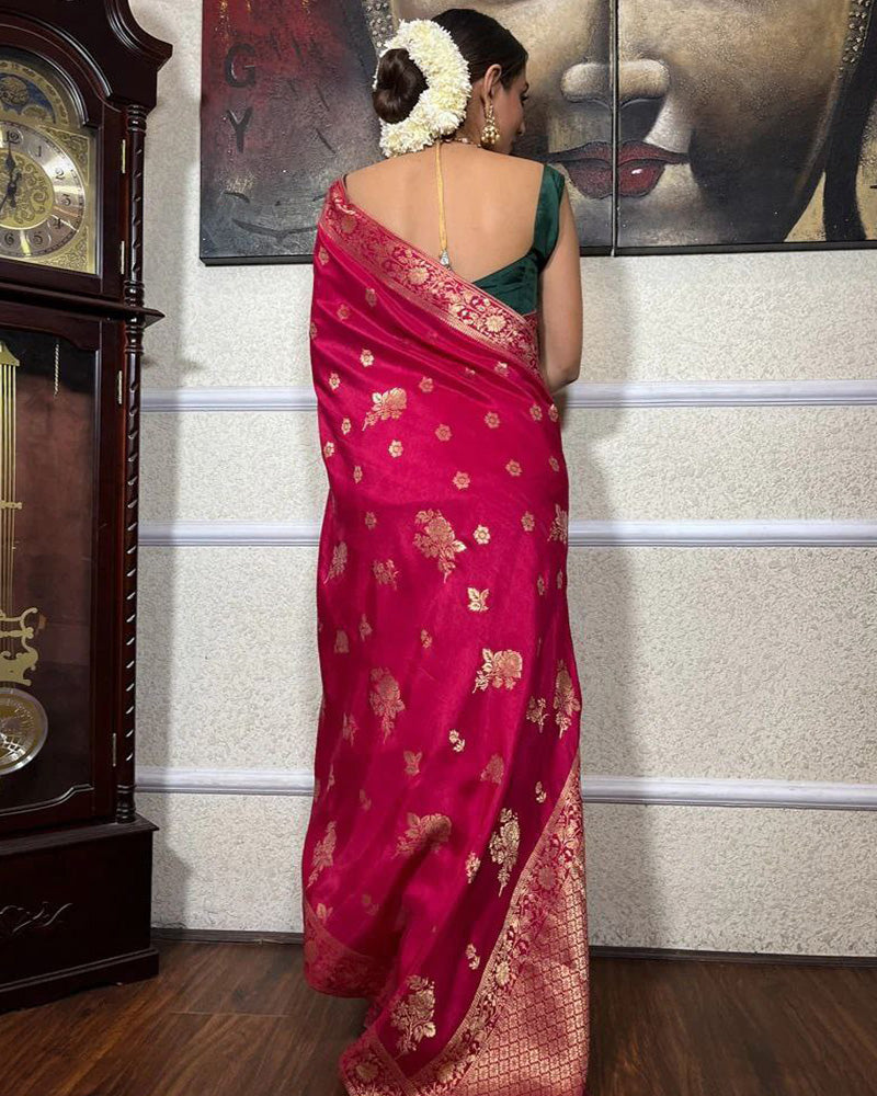 Rani Pink Color Big Flower Design Banarasi Soft Silk Saree