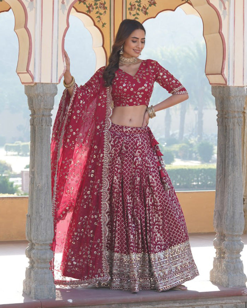 New Design Rani Pink Color Sequence Embroidered Jacquard Lehenga Choli