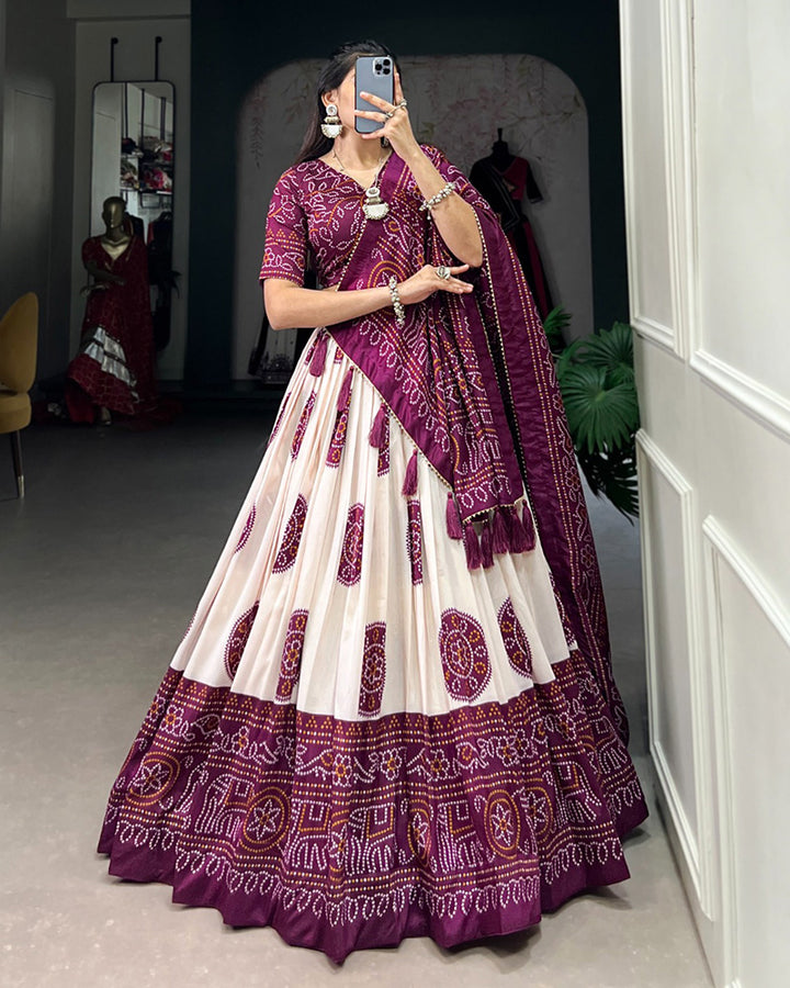 Wine Color Tussar Silk Bandhej Printed Lehenga Choli