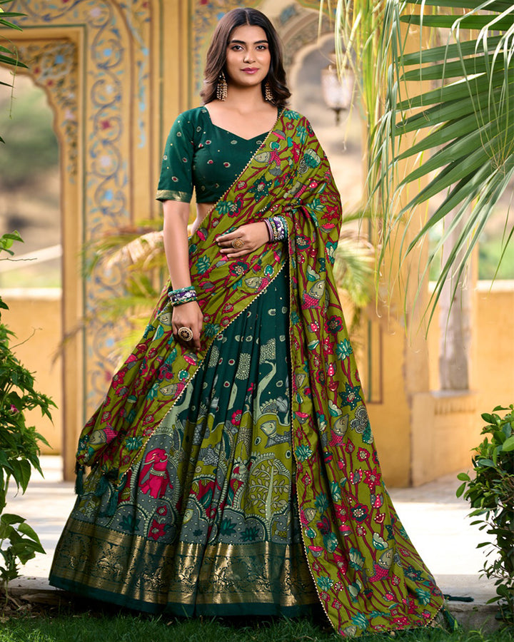 Green Color Tussar Silk Kalamkari Printed Navratri Lehenga Choli