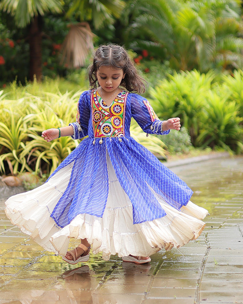 White Color Kora Cotton Lehenga With Blue Kurti