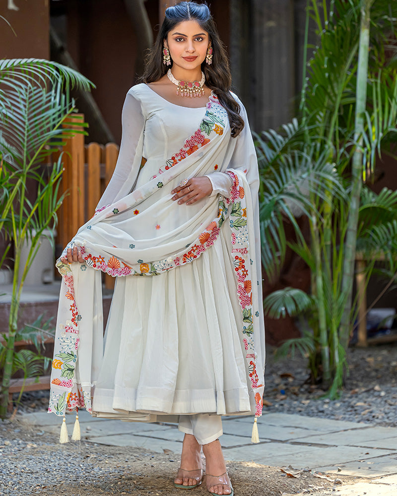 White Color Georgette Backless Anarkali Three Piece Suit