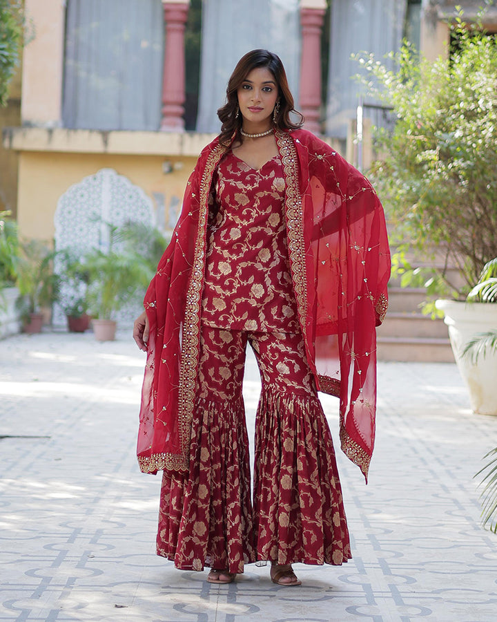 Maroon Color Georgette Jacquard Gharara Suit