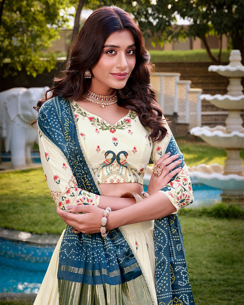 Peacock Shape Off-White Color Cotton Lehenga Choli