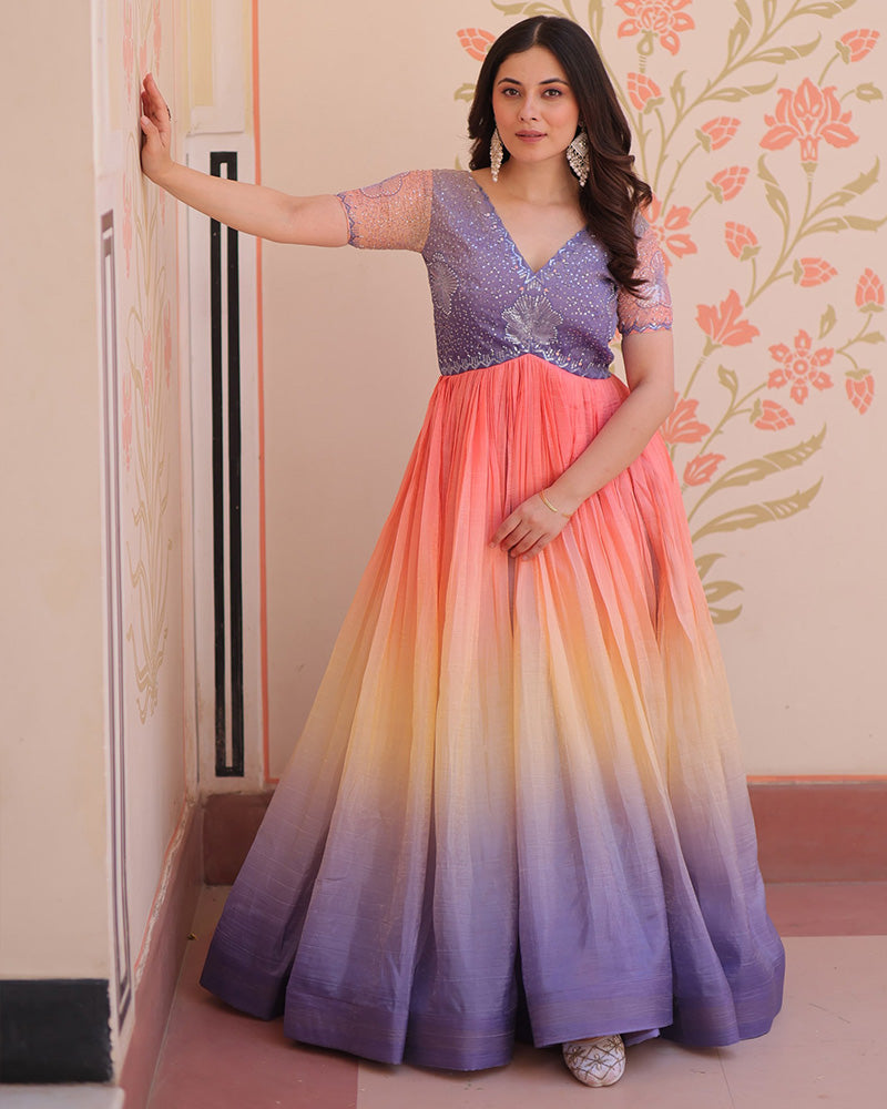 Lavender Color Gold Crush Embroidered work Gown