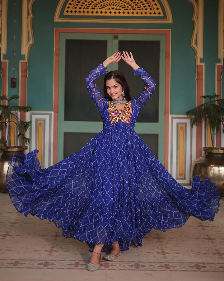 Blue Color Georgette Bandhej Print Navratri Gown